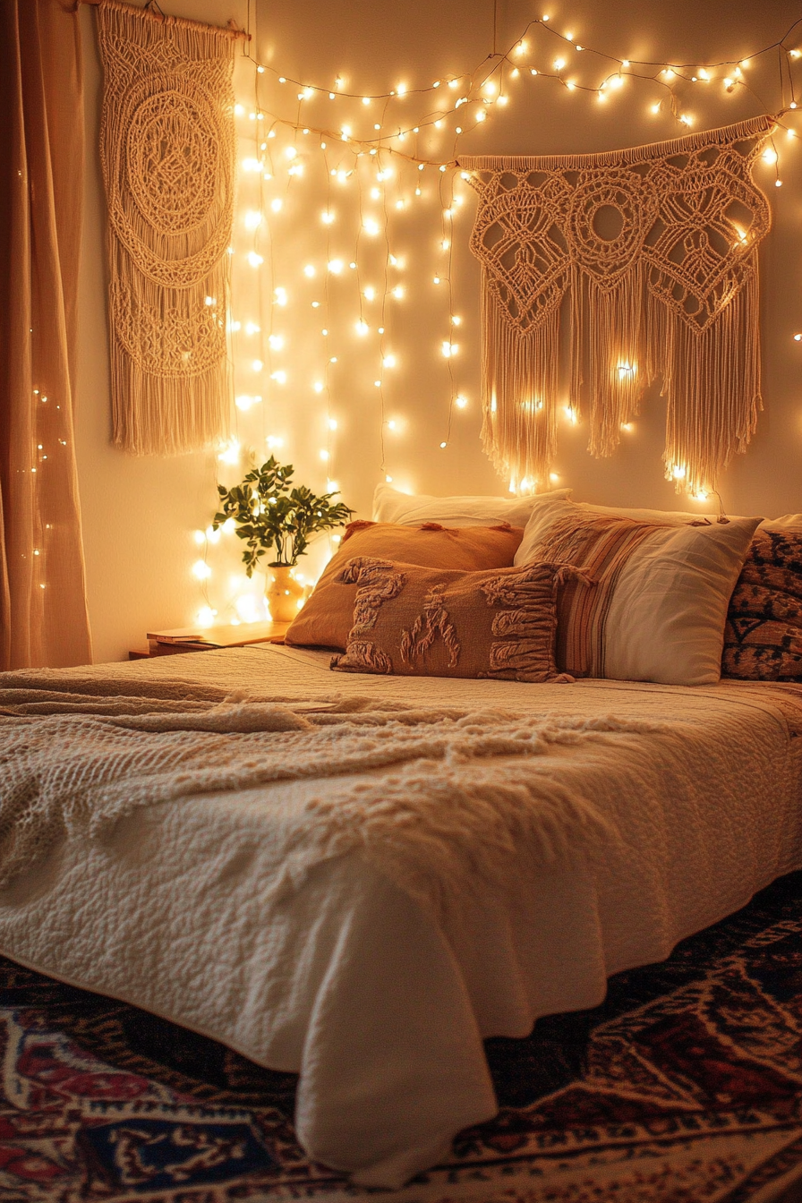 Whimsical Boho bedroom. Macrame wall decor and warm fairy lights.