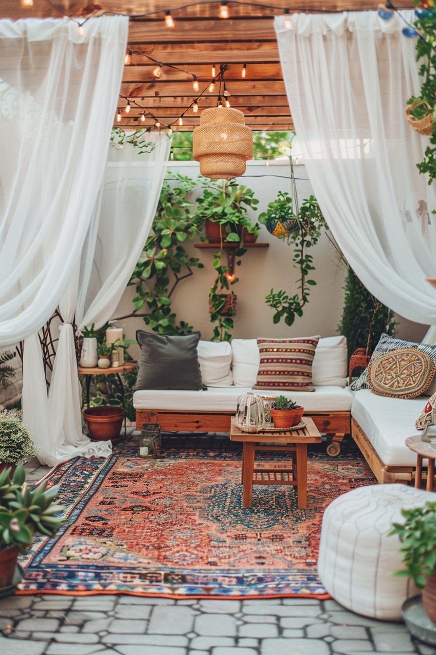 Wide view of Boho patio. White draperies, patterned rugs, and potted succulents.