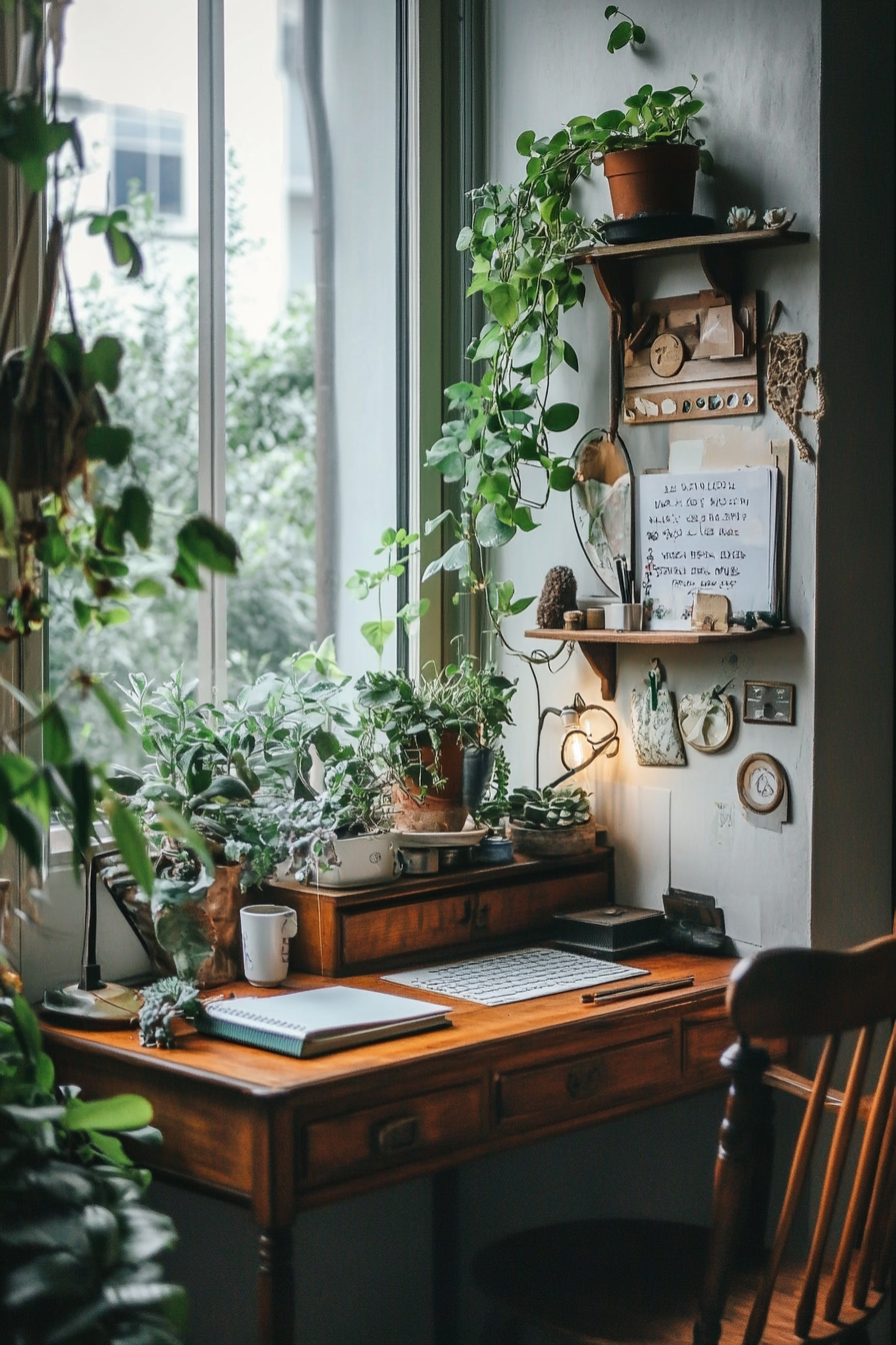 Remote work setup. Vintage wood writing desk, monochromatic stationery, indoor green plants.