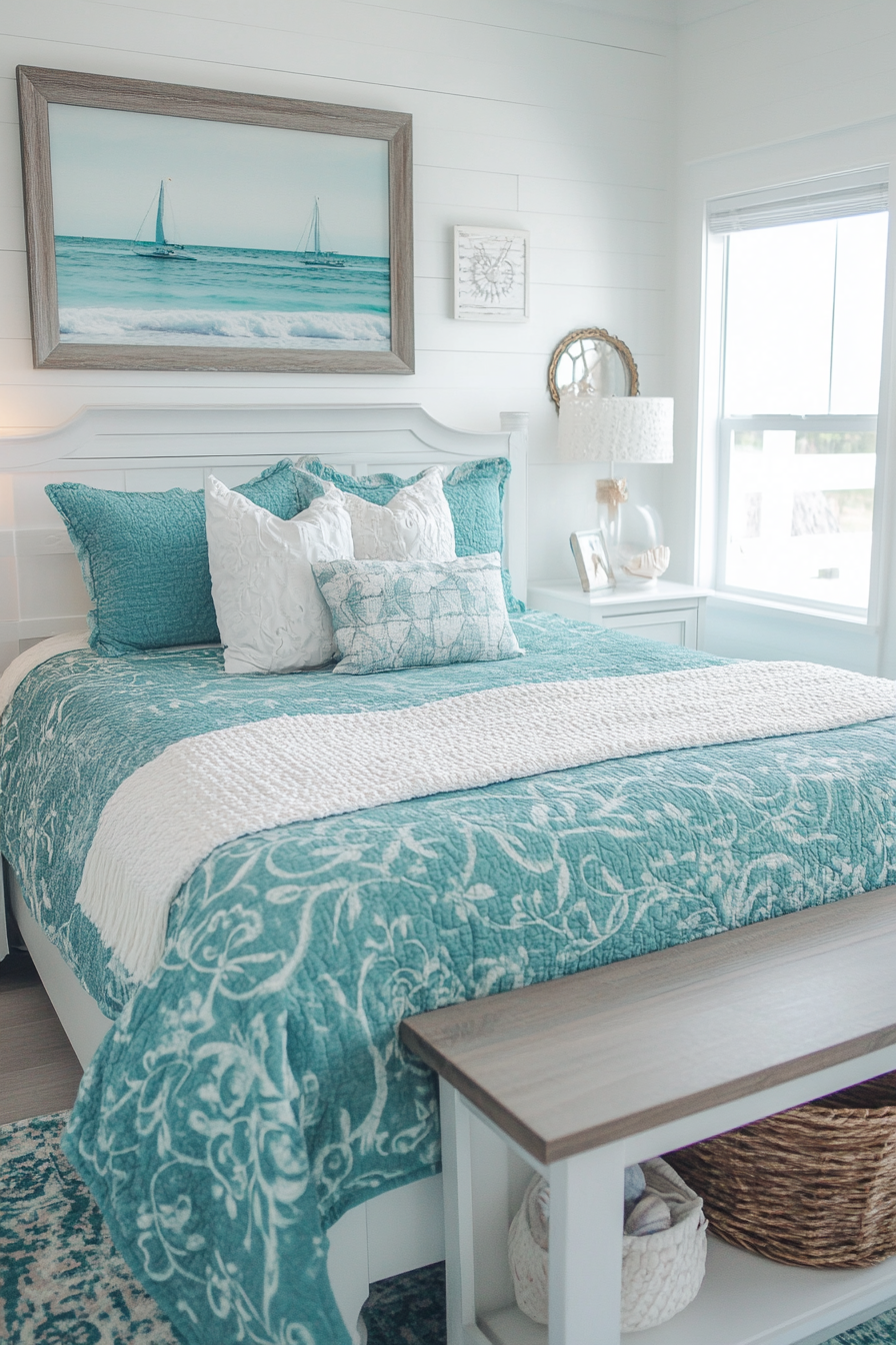 Coastal bedroom. Teal comforter, shiplap walls with seascape painted accent, DIY seashell framed mirror.