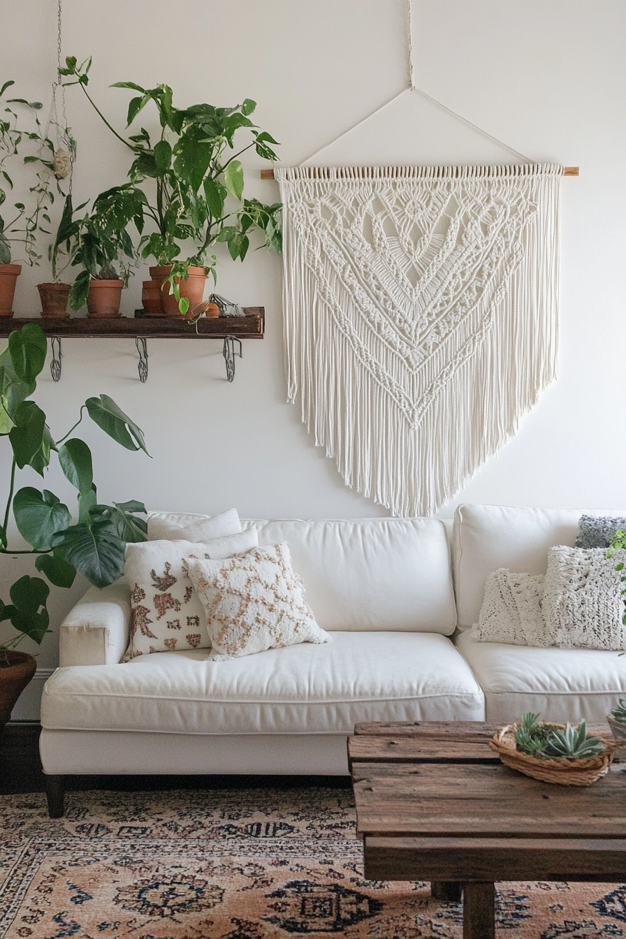 Boho living room. Off-white macrame wall hanging on distressed wooden shelf.