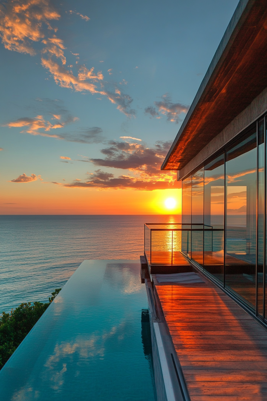 Compact beach house illustration. Glass walls with wooden deck overlooking turquoise ocean at sunset.