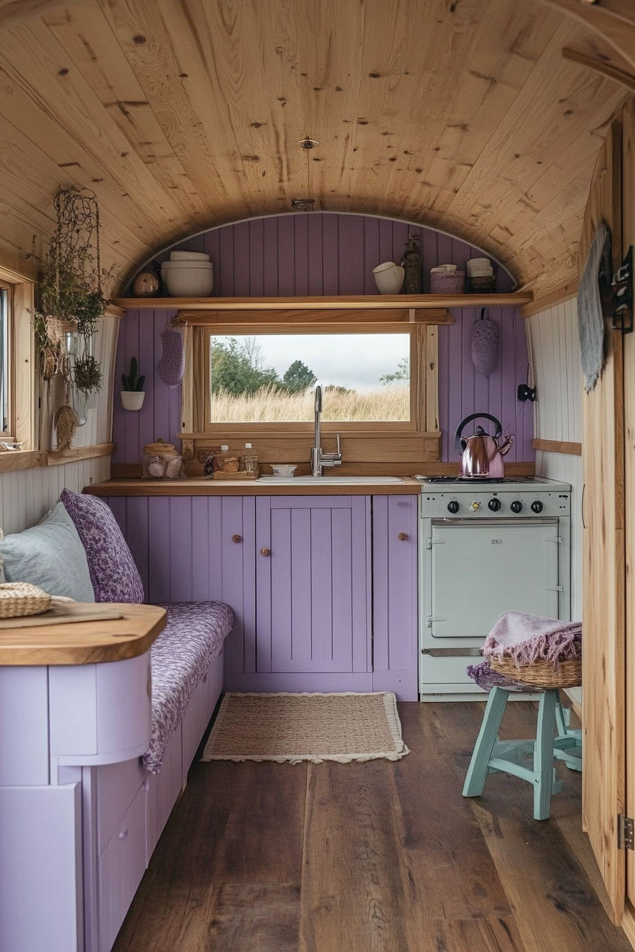 Tiny house camper. Lilac interior with oak finish, Rustic ensuite exterior.