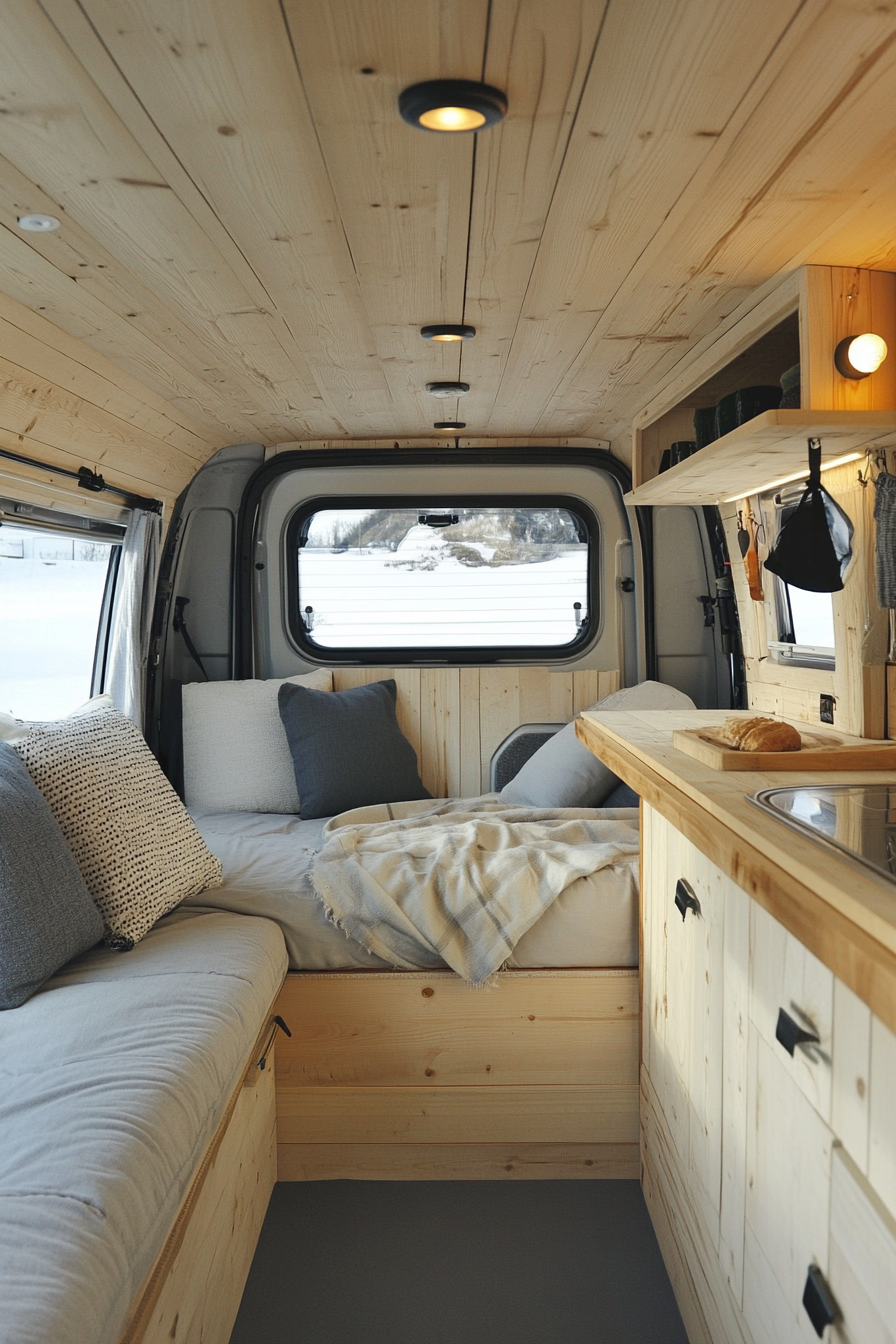 Camper van. Lacquer-coated pine wood interior with exposed metal steel frame.