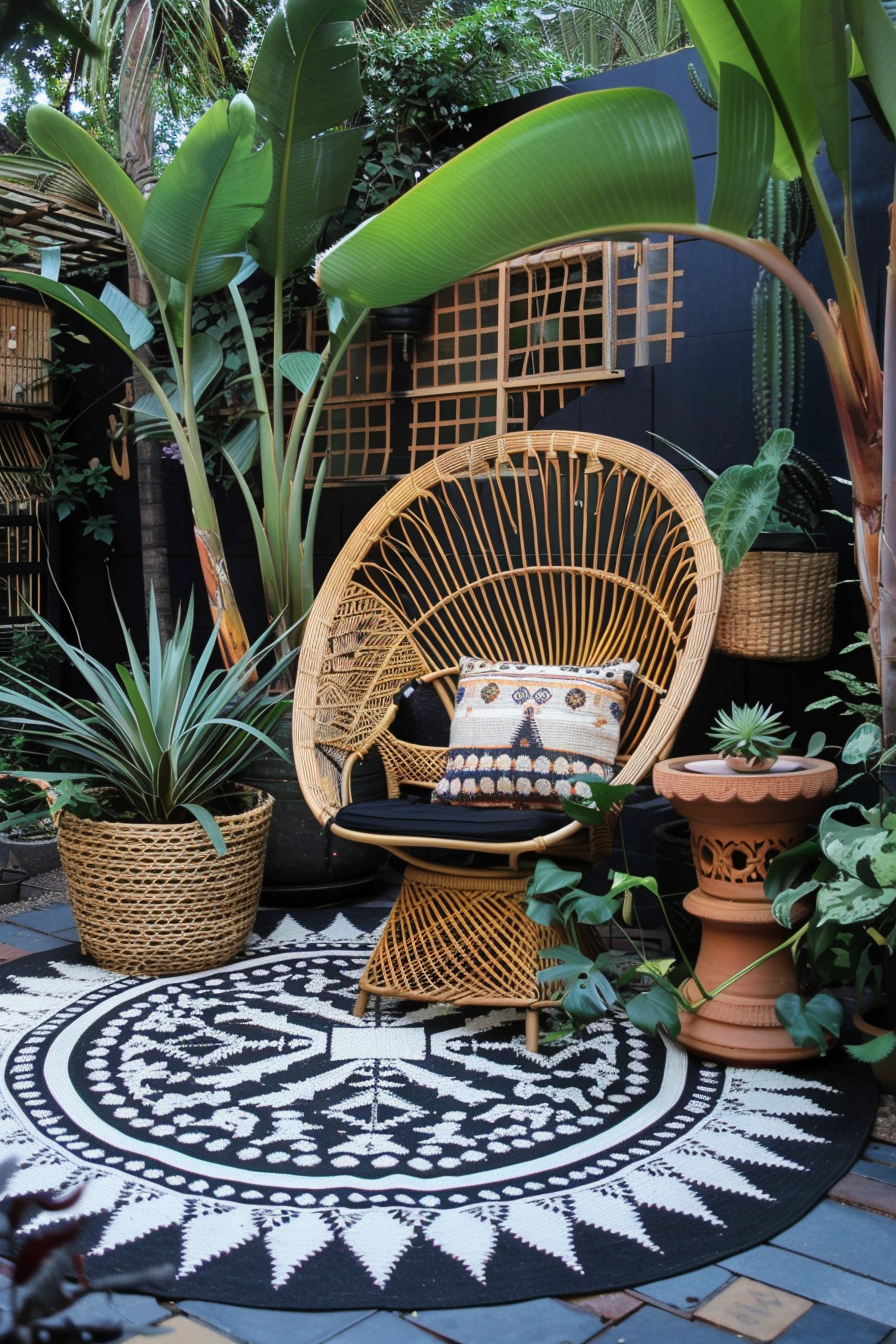 Chic boho patio. Rattan peacock chair and geometric print rug.