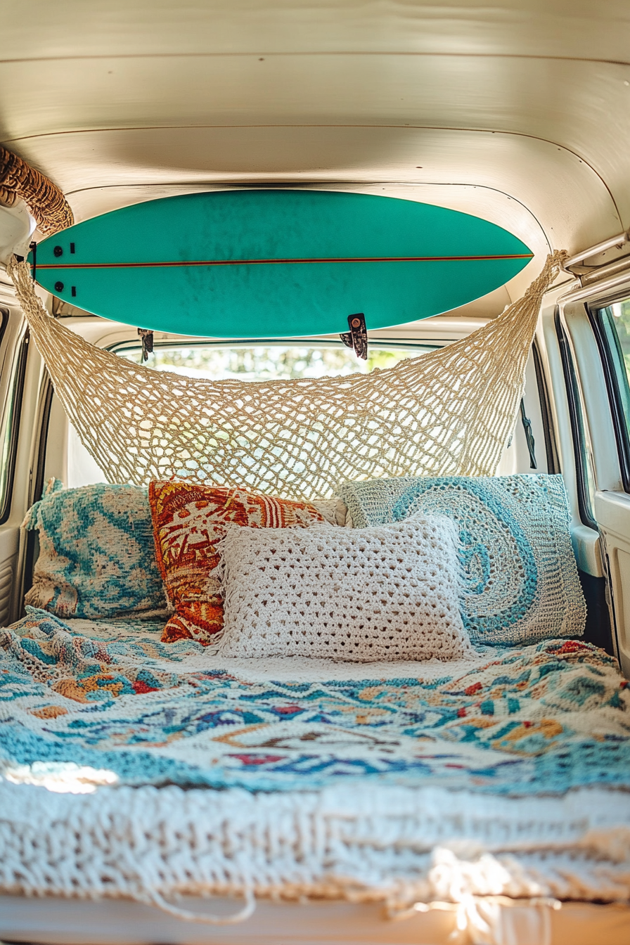 Camper van interior. Teal surfboard hanging above cream-colored crochet hammock.