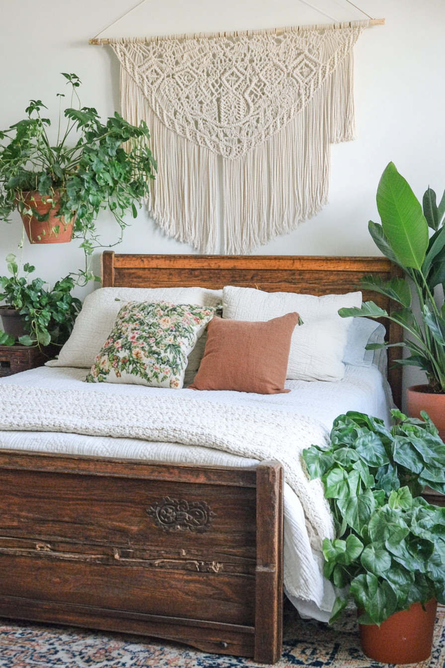 Boho bedroom. Earth-toned macrame wall hanging above distressed wooden bed, surrounded by lush plants.