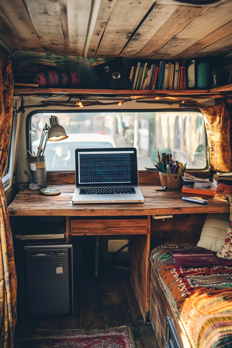 Hippie camper van office. Solar-powered MacBook atop an oak fold-down desk inside rustic VW bus.