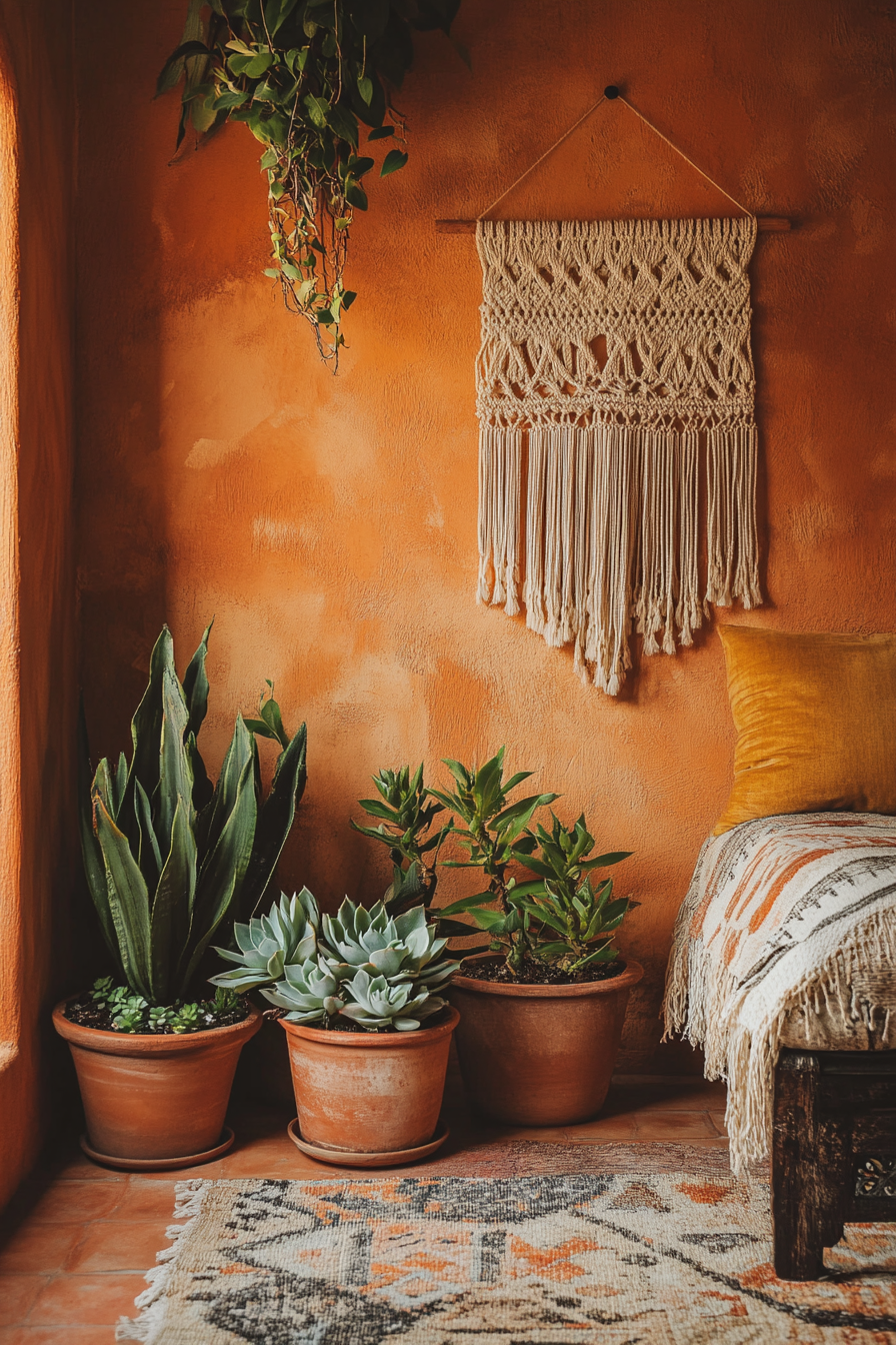 Earthy boho bedroom. Terra-cotta painted walls displaying numerous succulents and macrame hanging.