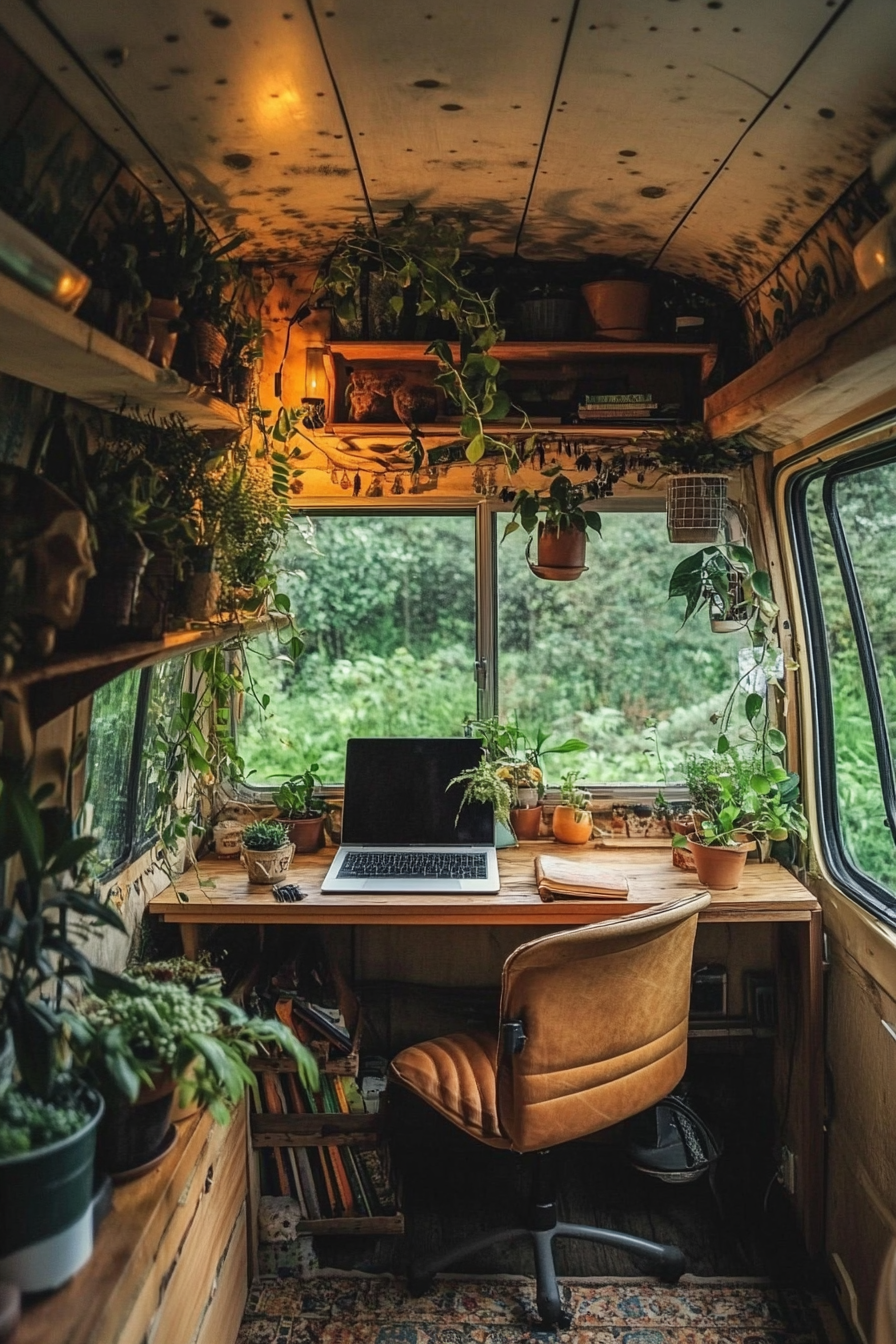 Camper van. Hippy décor, desk by the large panoramic window, homeplants shelf divider.