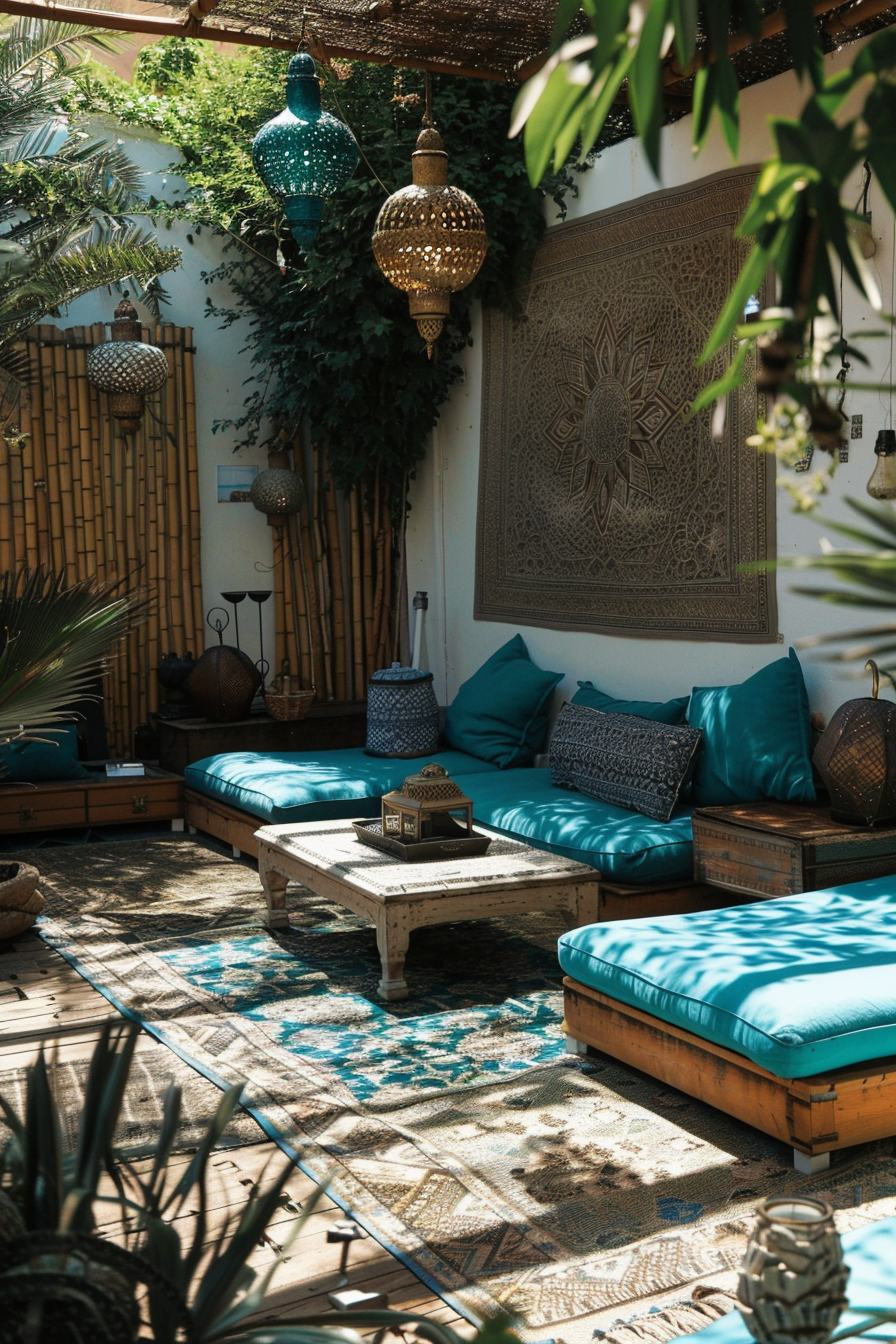 Chic Boho Patio. Bamboo dividers and Moroccan lanterns amidst peacock blue cushions.