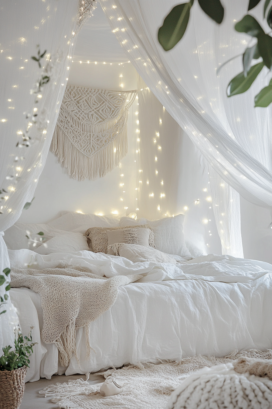 Boho-whimsical bedroom. Macrame wall hanging, white canopy bed with draped fairy lights.