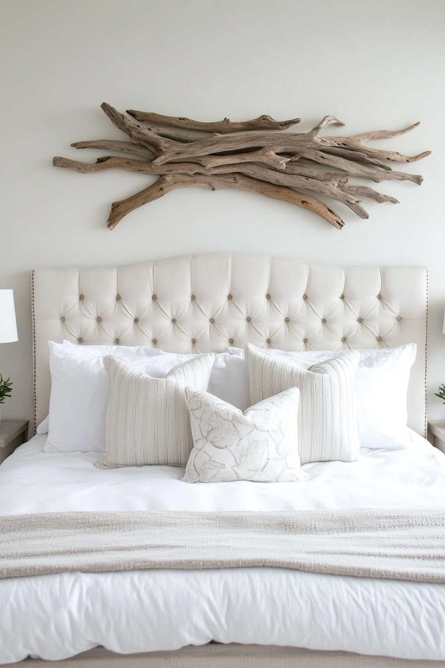 Coastal bedroom. DIY driftwood wall art over pearl white tufted bedspread.