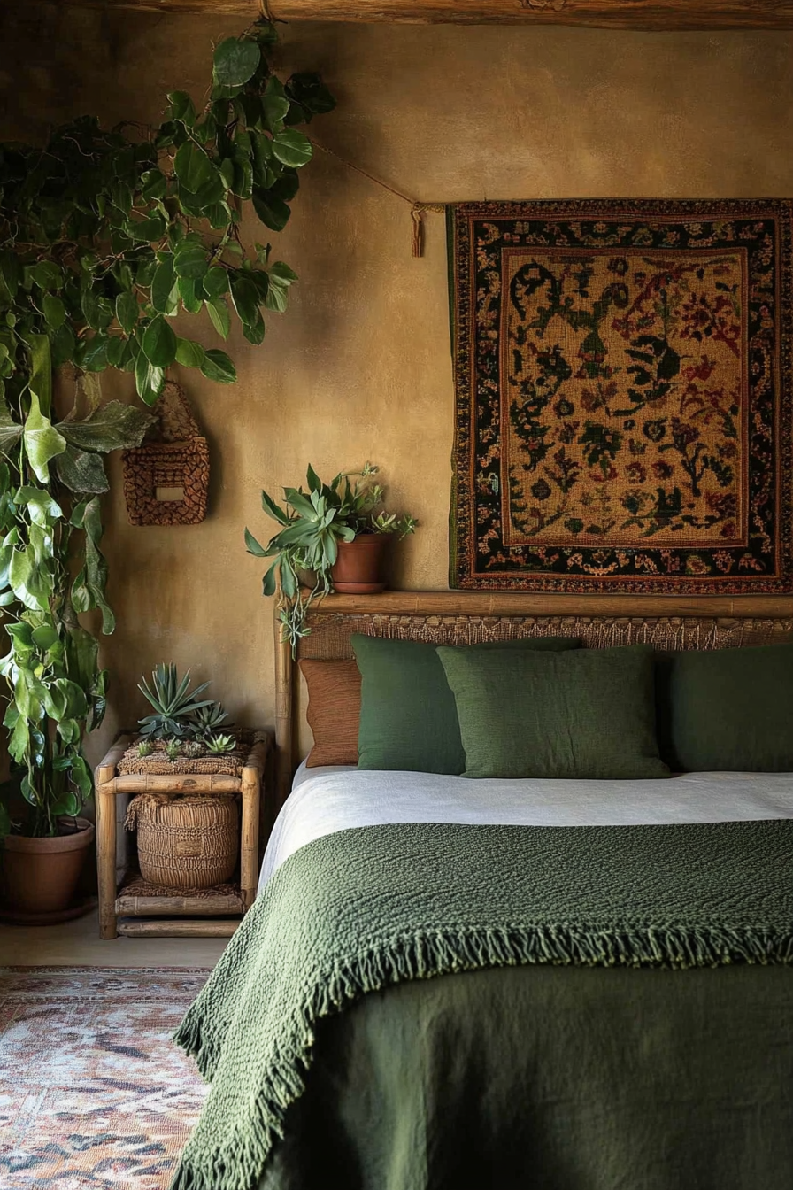 Earthy Boho bedroom. Tapestry headboard, deep green pillows, bamboo furnishings, succulent corner.