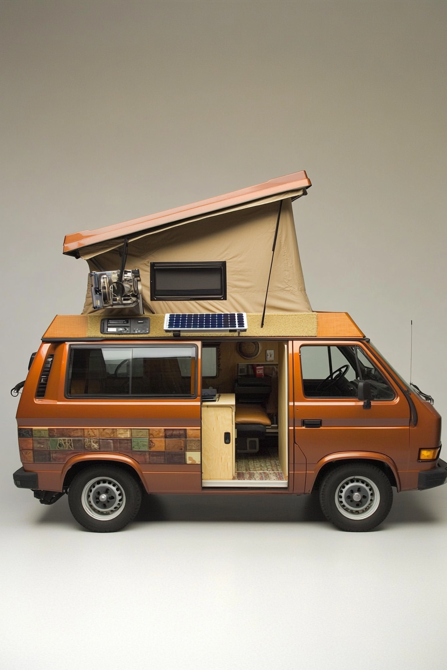 Hippie Camper Van. Pop top roof, solar panels, earth-tone exterior with office workspace inside.