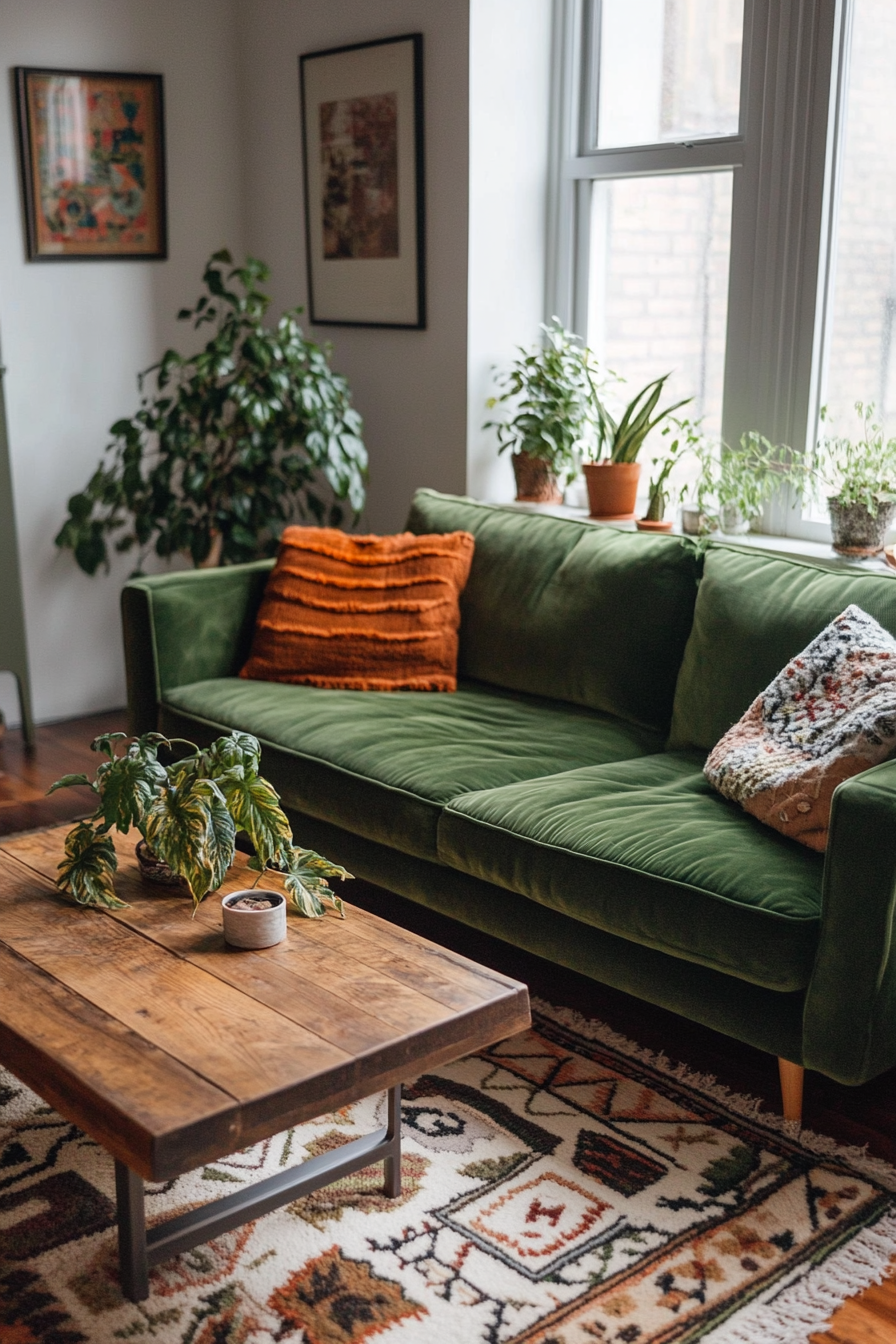 Urban tiny living room. Sage green velvet couch, geometrical print rug, natural wood coffee table.