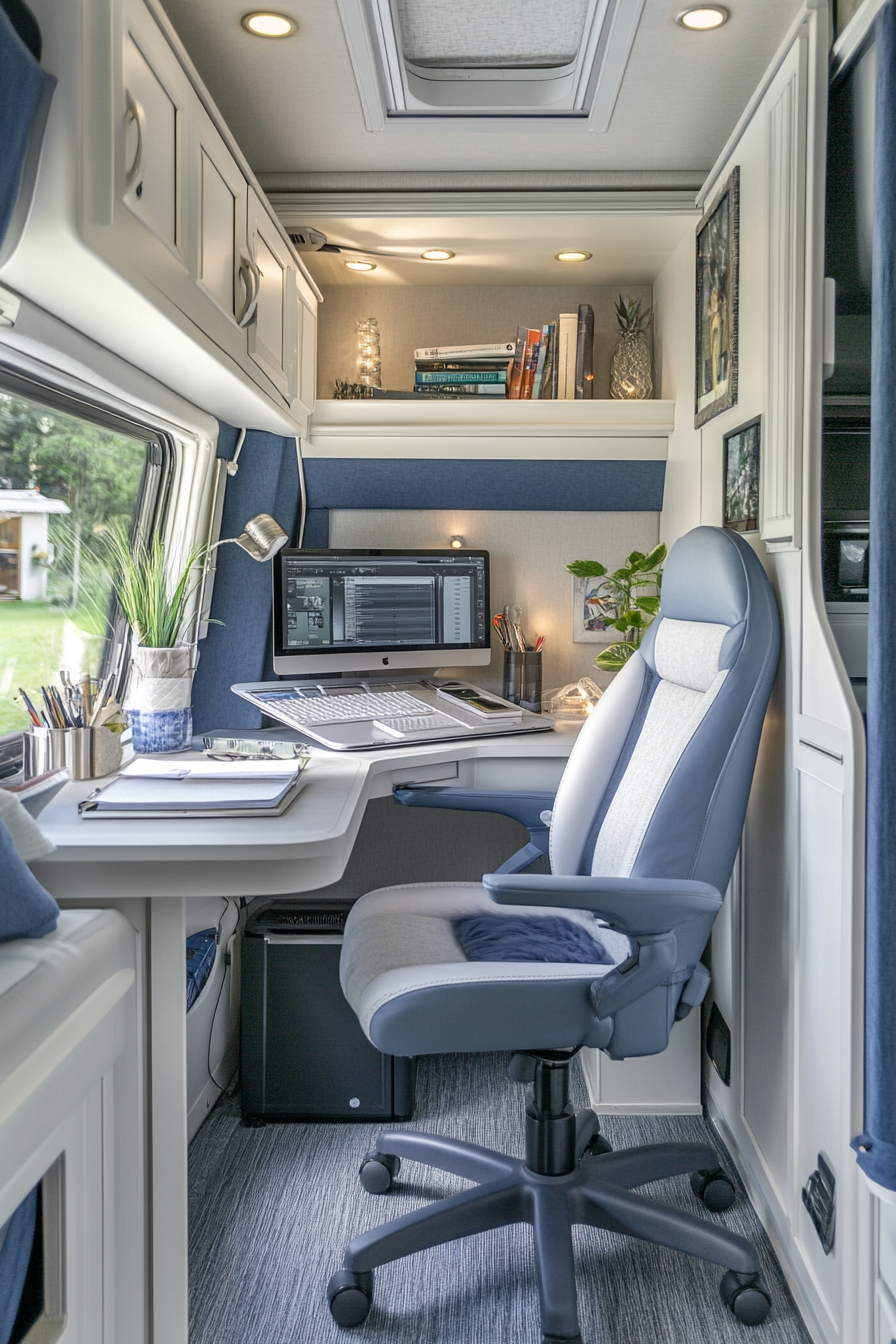 Mobile office in RV. Built-in desk, ergonomic chair, blue and white color scheme.