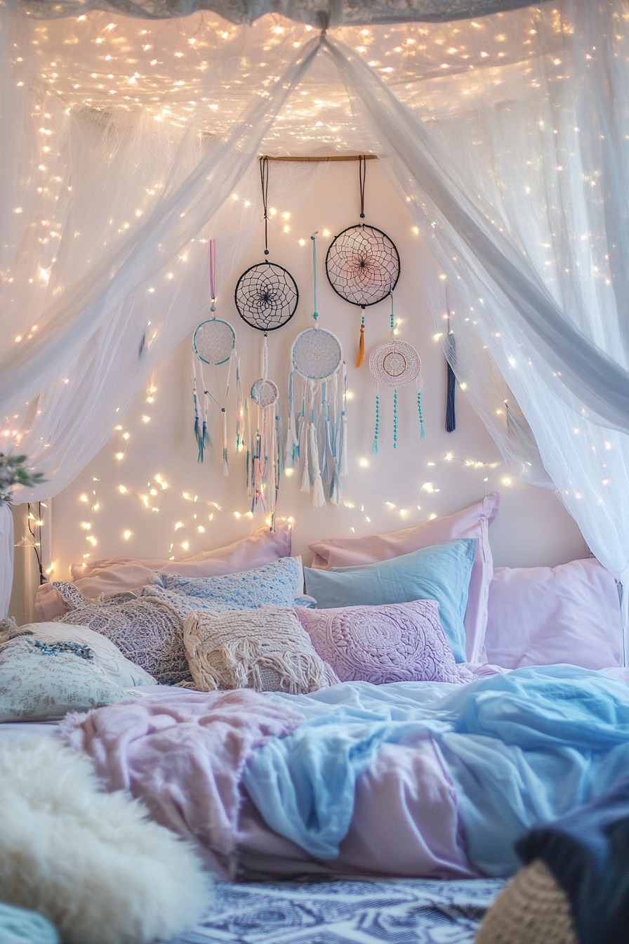 Boho Whimsical Bedroom. Canopied bed with fairy lights and pastel colored dreamcatchers.