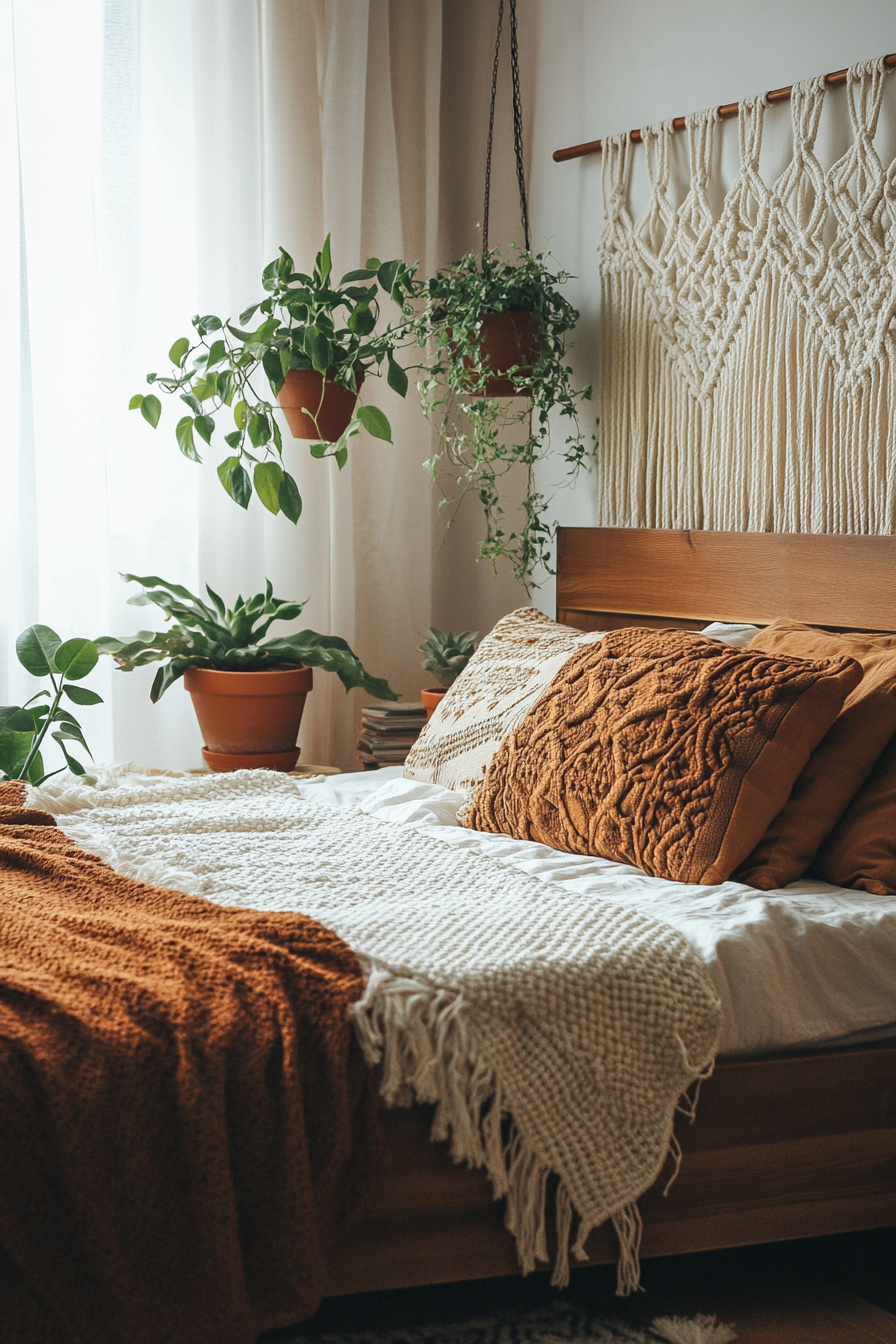 Earthy Boho Bedroom. Macrame tapestry, terracotta planters with green succulents, and brown oak wood bed.