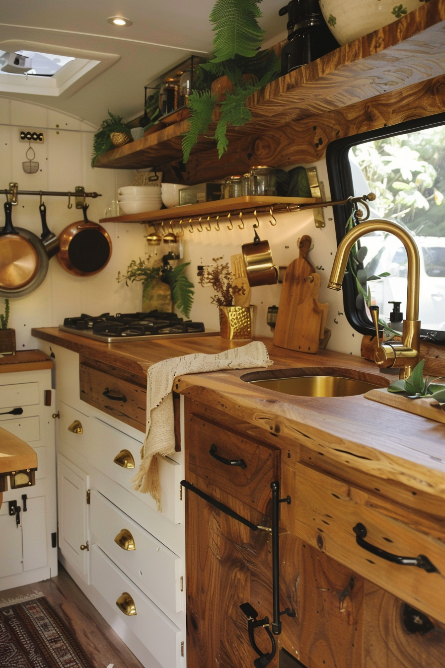 Camper van kitchen. Wood countertops with brass fixtures.