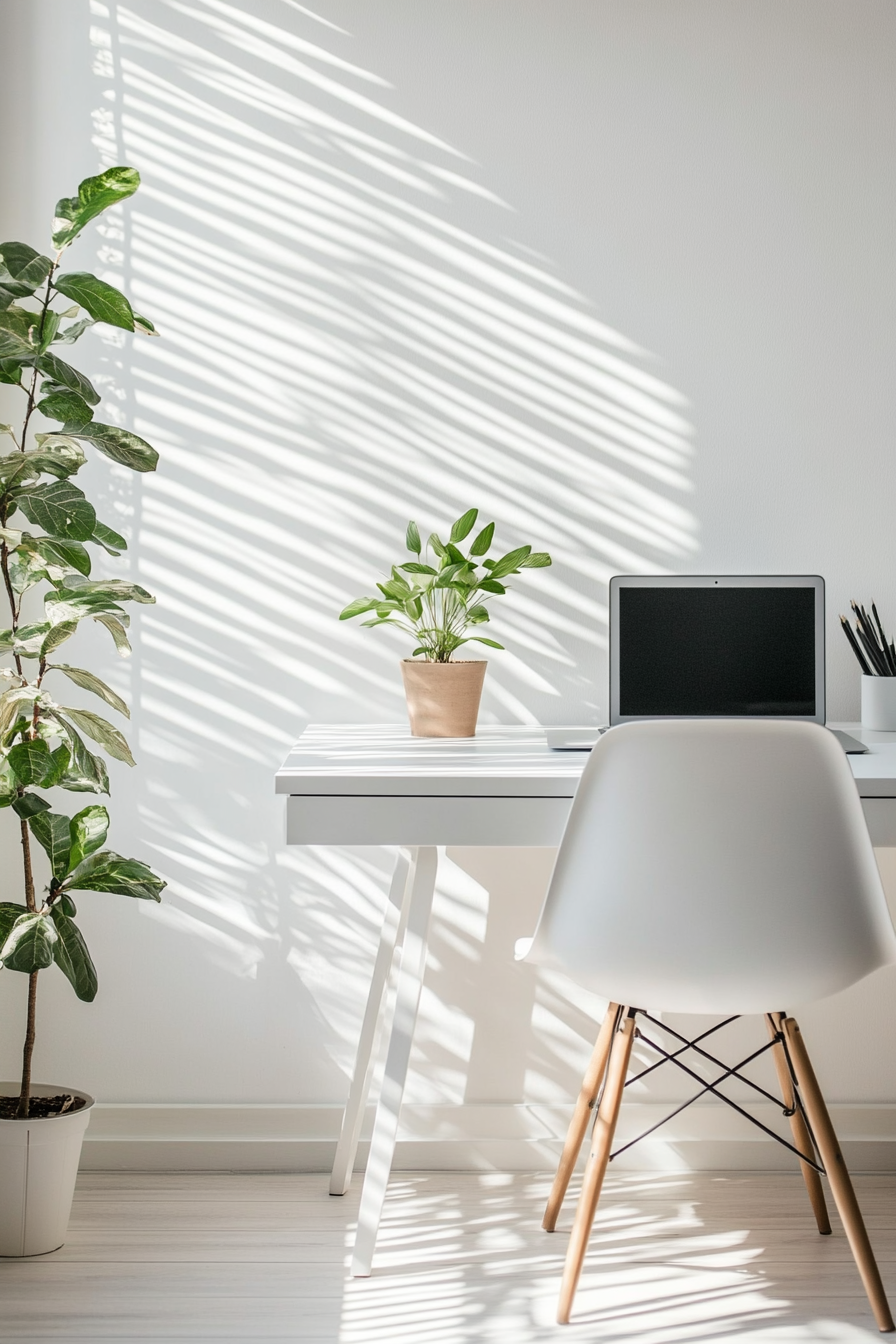 Home office Inspiration. minimalist white desk with ergonomic chair and sample indoor plant.