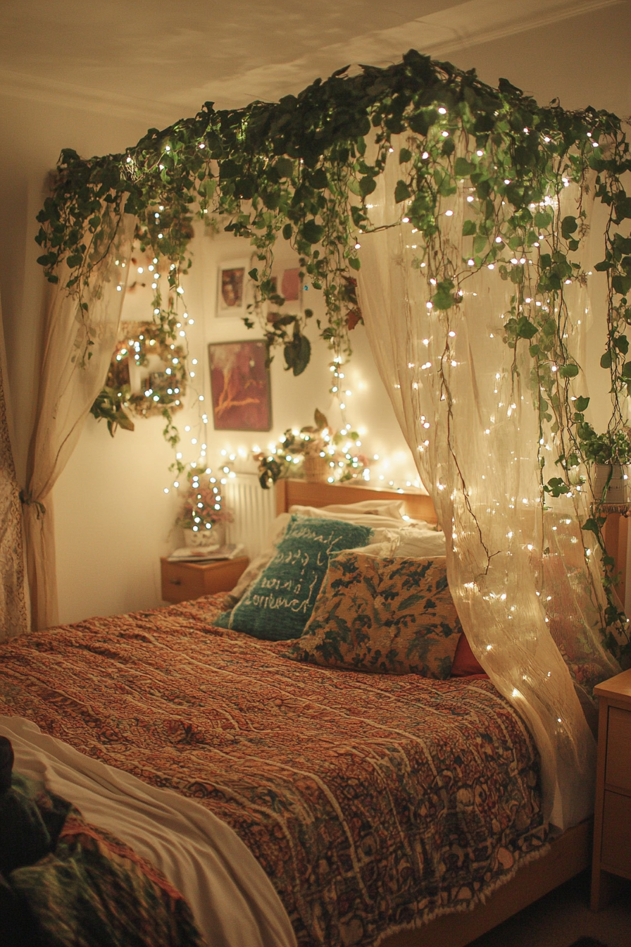 Whimsical Boho bedroom. Canopy bed covered in ivy and entwined with warm fairy Lights.