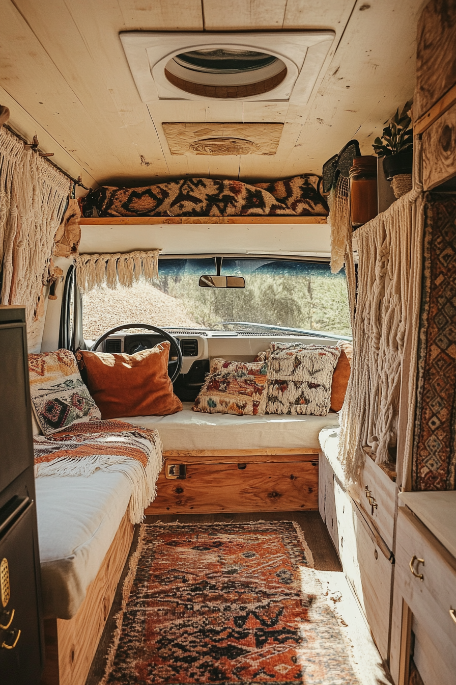 Boho-Luxe camper van. Macrame decor with southwestern style textile curtains.