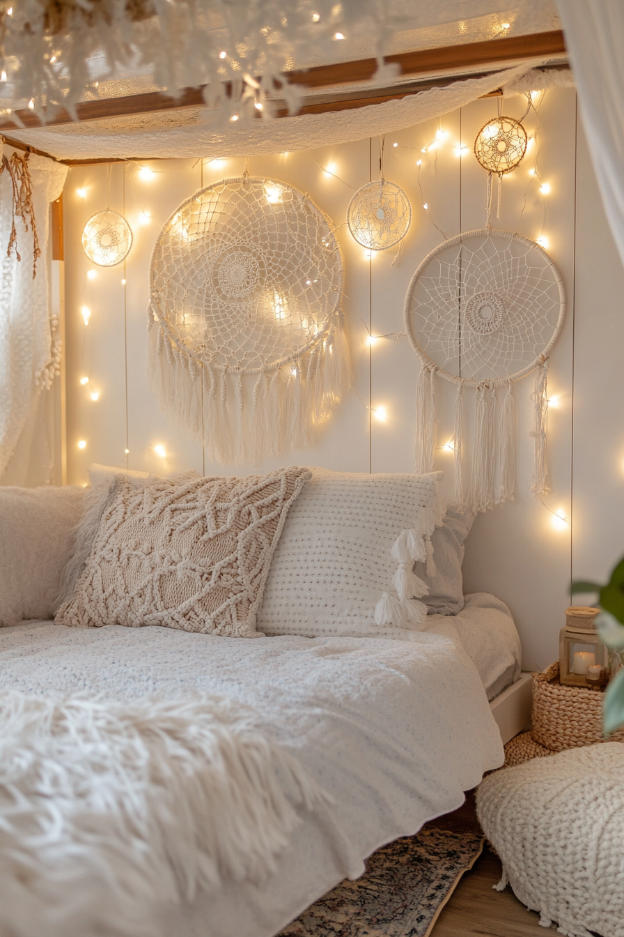 Boho whimsical bedroom. Hanging white fairy lights with macrame dream catchers.