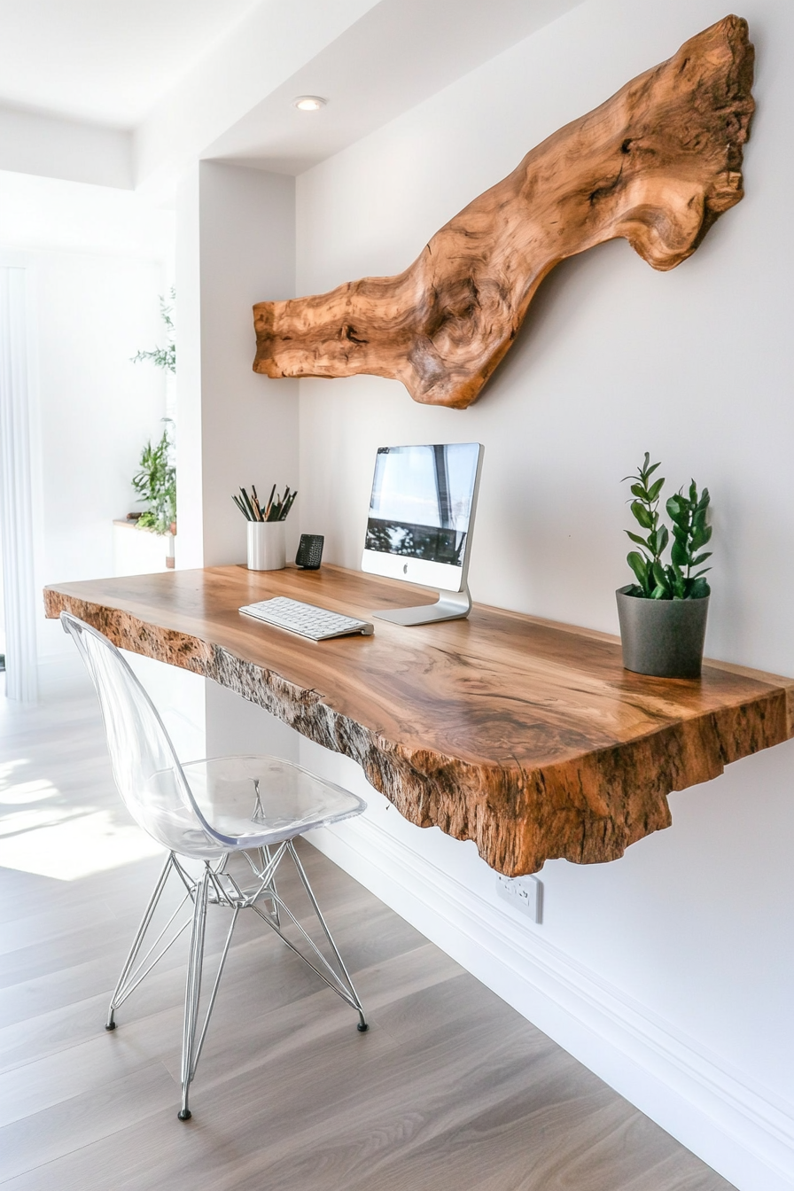 Home office inspiration. Floating wooden desk with white acrylic chair.