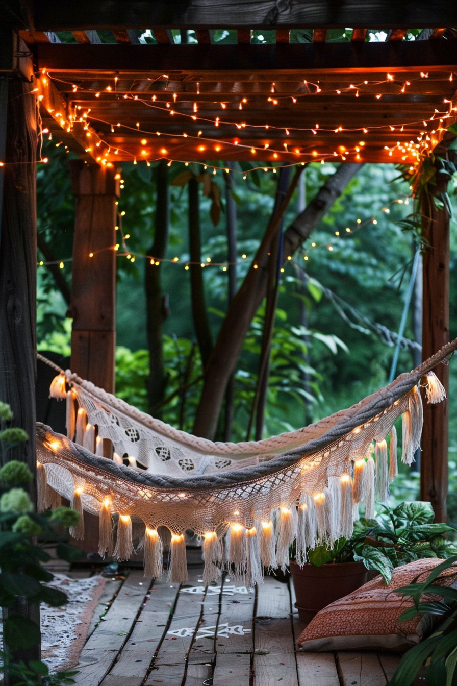 Chic Boho Patio. Hammock with white fringe beneath fairy-light strewn pergola.