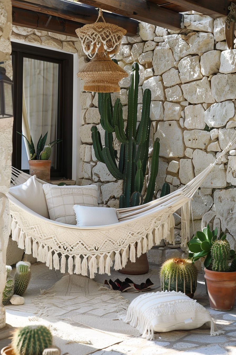 Chic boho patio. White macrame hammock, stacked stone wall, potted cacti, macrame garlands and neutral cushions.