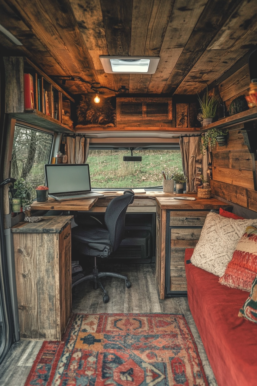 Converted van. Red Sprinter with rustic wooden interior and portable desk setup.