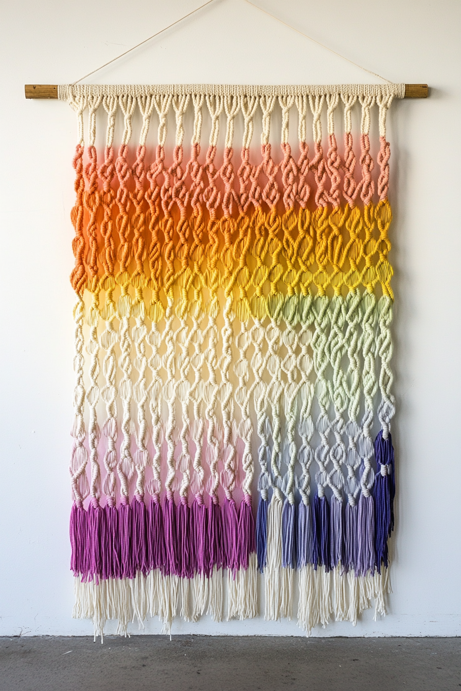 DIY wall decor. Multi-colored macrame wall hanging.