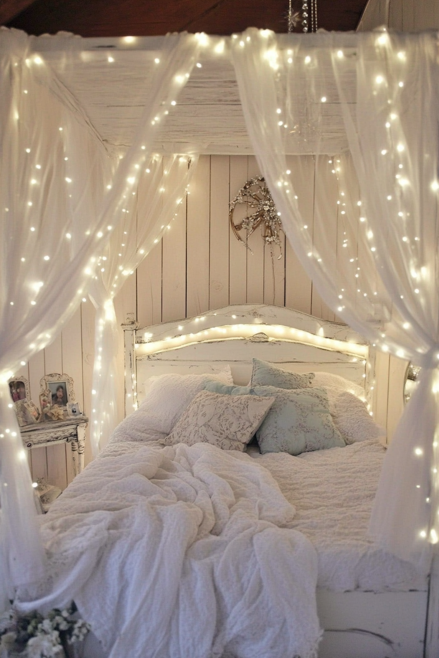 Boho Whimsical Bedroom. Distressed white wood bed frame with draped fairy lights.