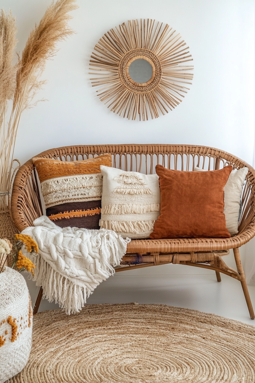 Boho living room. Rattan furniture with multi-colored throw pillows.