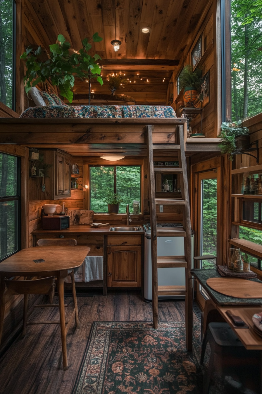 Tiny House Camper. Rustic interior shown with log staircase, exterior pictured with green forest backdrop.