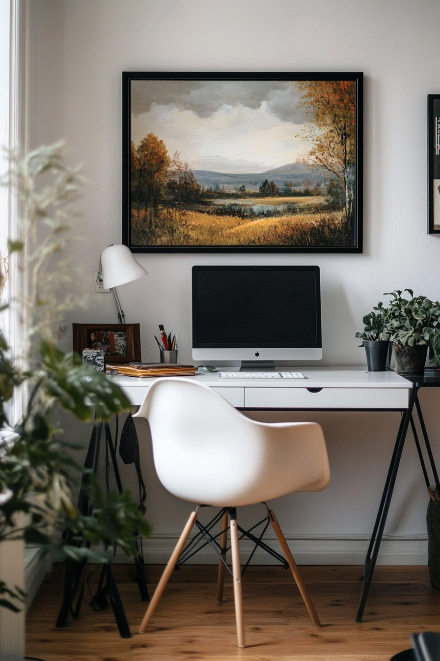 Home office inspiration. Scandinavian design with ergonomic chair and landscape paintings.