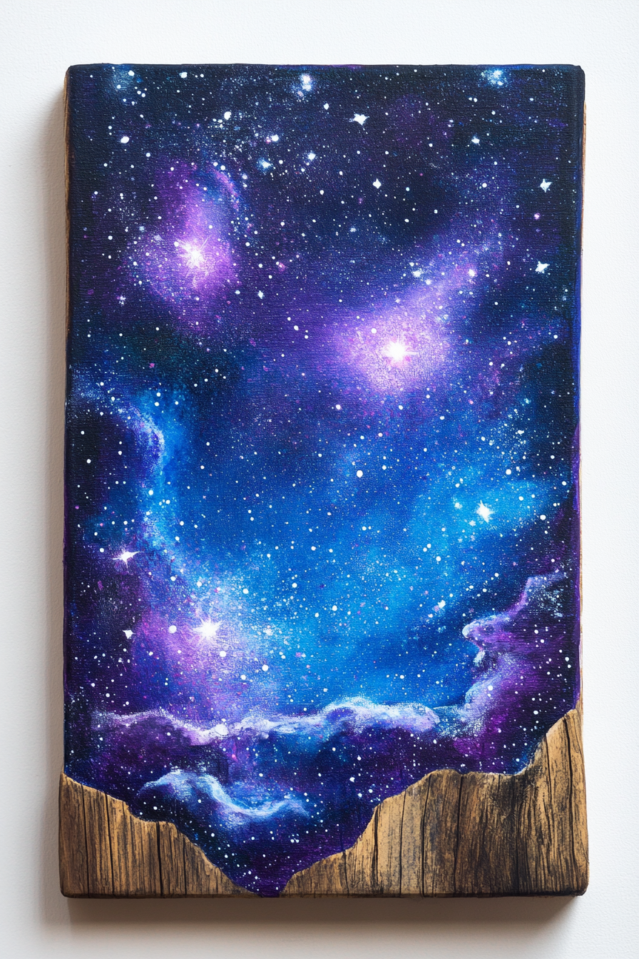 DIY Wall Decor. Hand-painted galaxy design on rectangular wooden canvas.