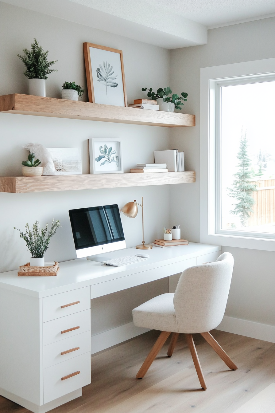 Home office inspiration. Minimalist white desk with floating wooden shelves.