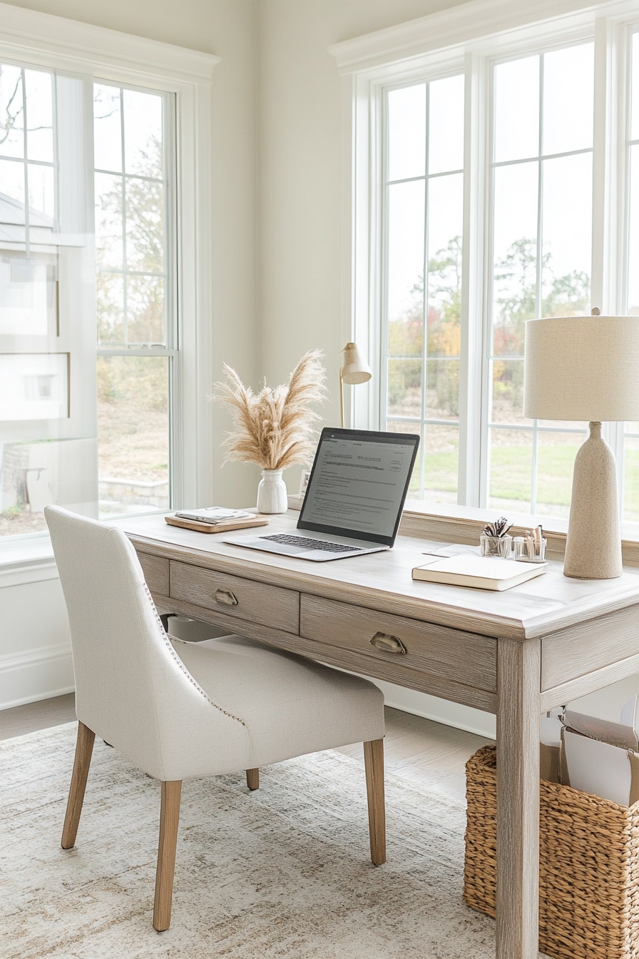 Modern Farmhouse Remote Work Setup. White-washed oak desk with ergonomic swivel chair.