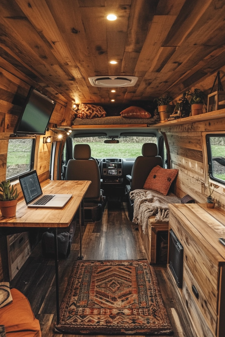 Converted van. Handcrafted wooden interiors with a slide-out desktop workspace.