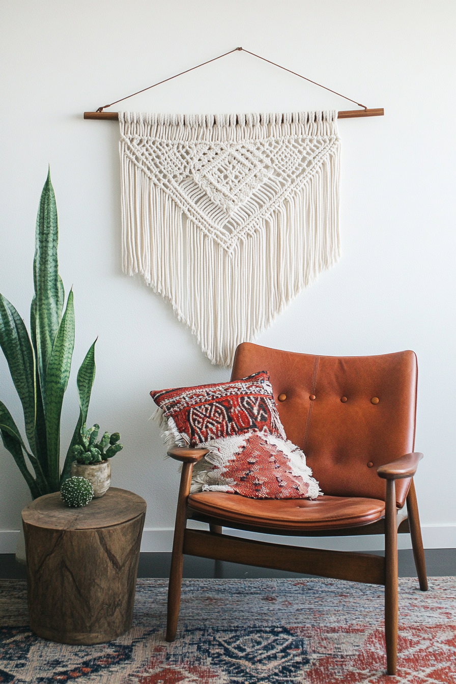 Boho living room. Macrame wall hanging with mid-century modern side chair.