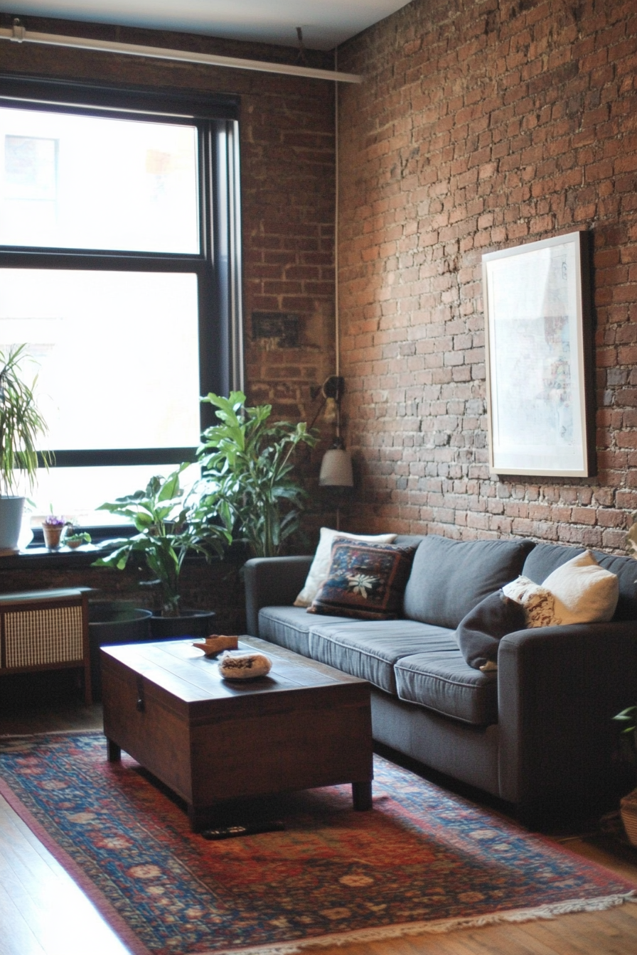 Urban tiny living room. Compact furniture with exposed brick wall in a loft apartment.