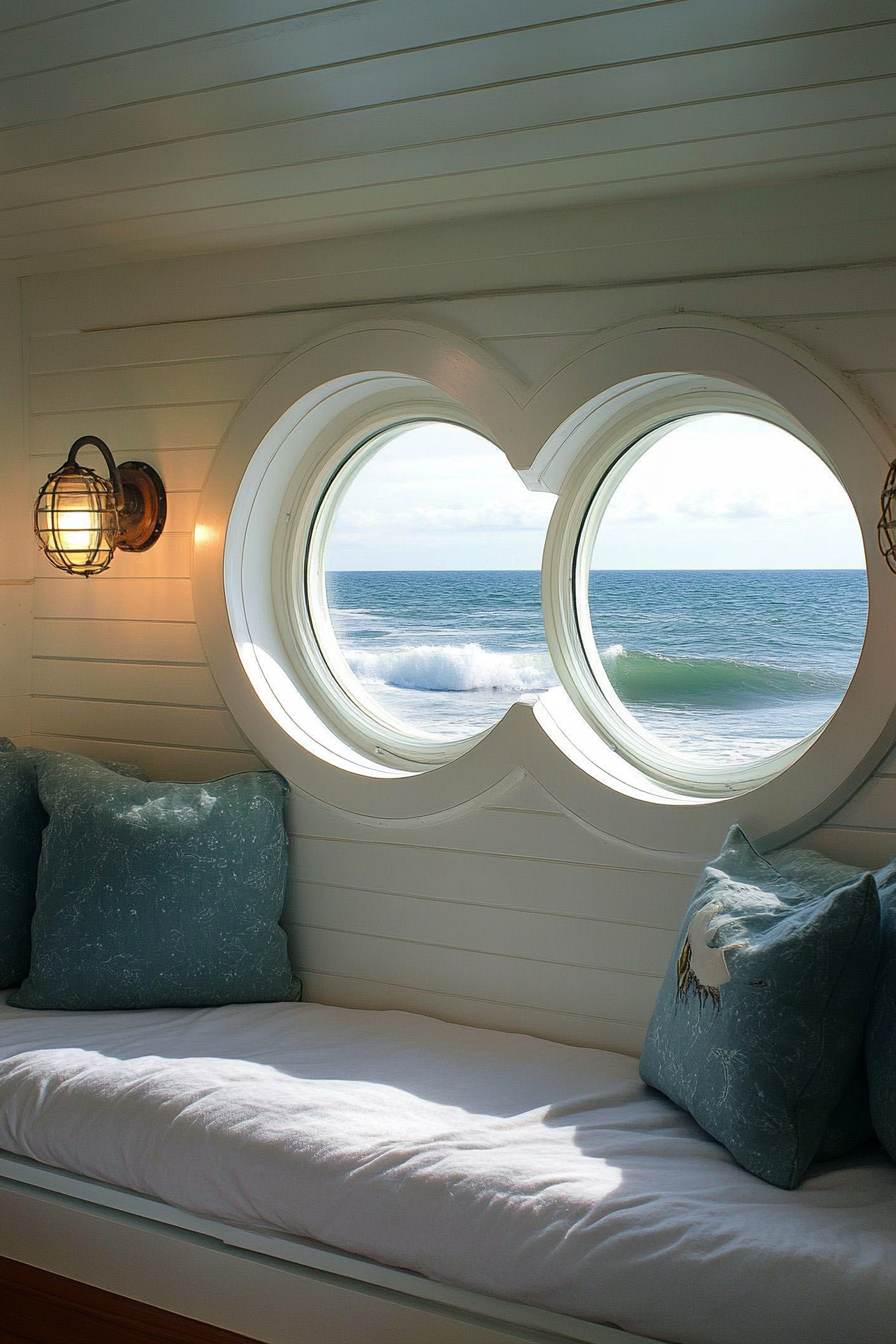 Compact beach house. Porthole windows overlooking sapphire ocean waves.