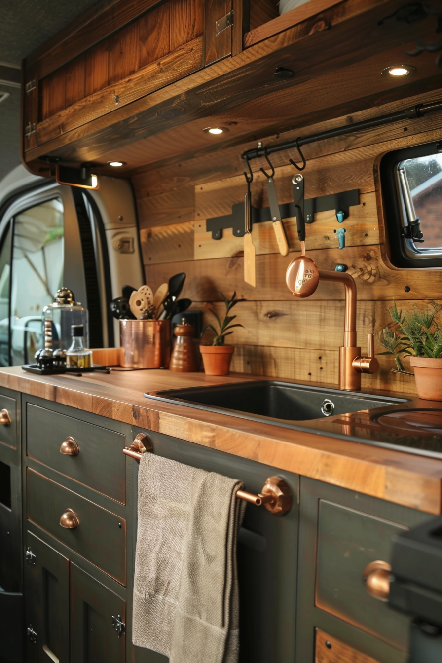 Camper van kitchen. Dark oak counter with copper sink.