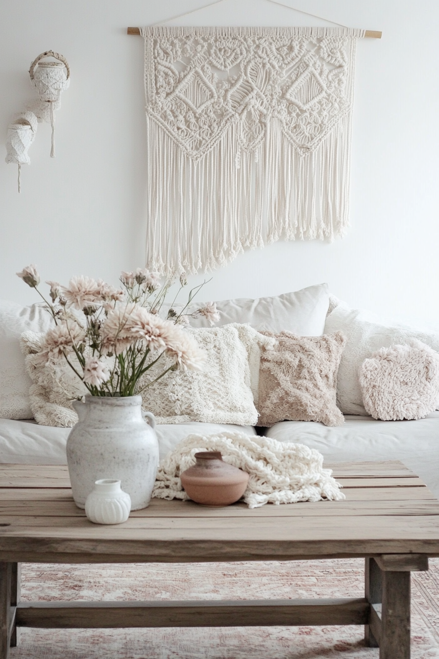 Boho living room inspiration. Macramé wall hanging and distressed wood coffee table.