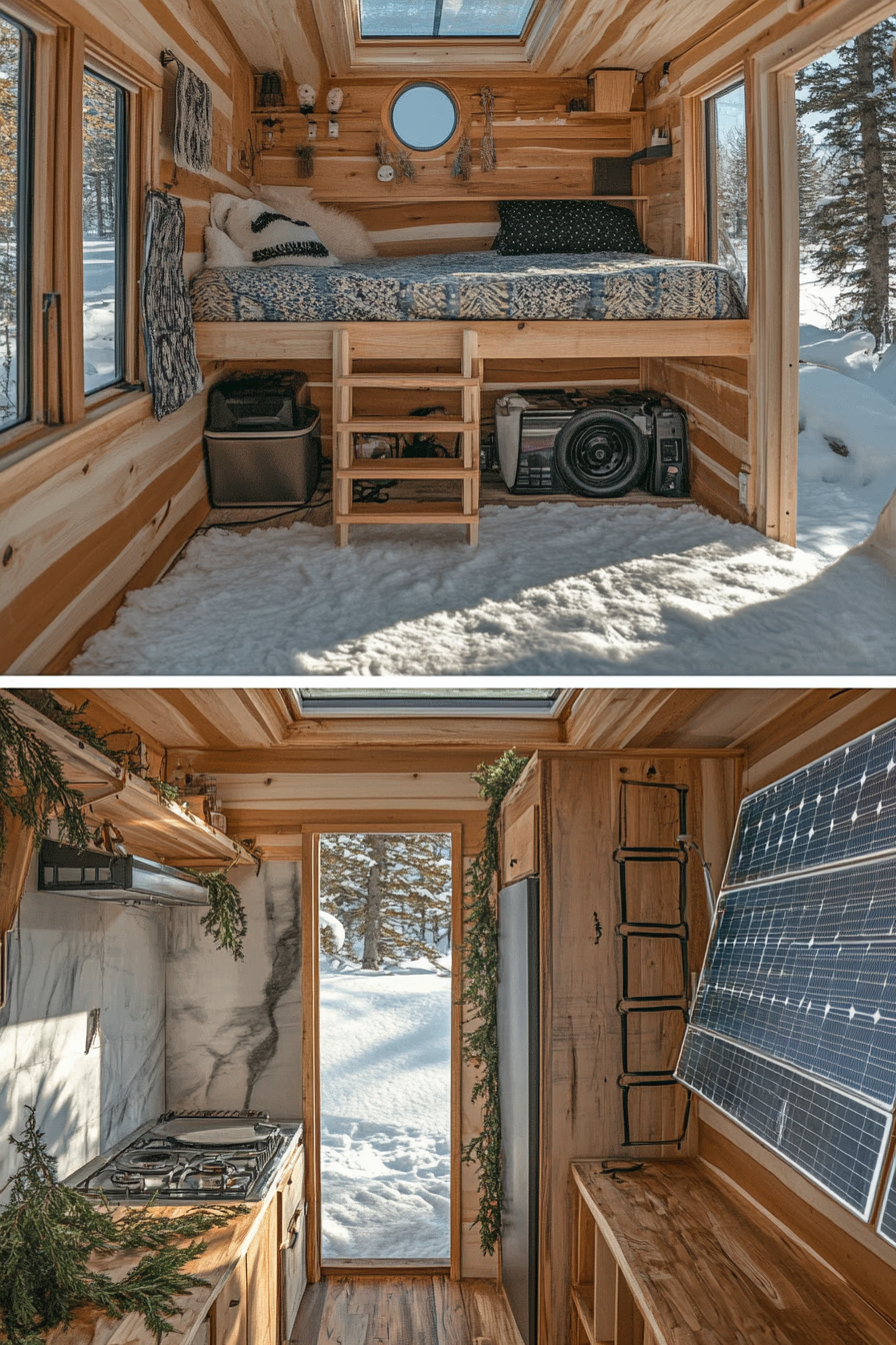 Split image. Tiny house camper interior with lofted bed and exterior showcasing solar panels.