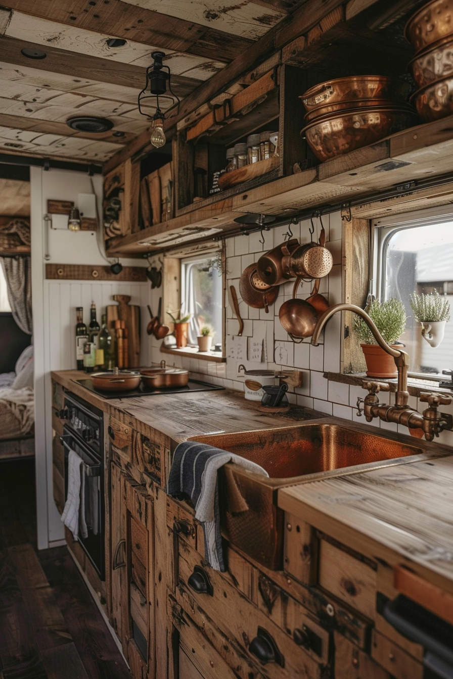 Rustic camper van kitchen. Worn natural wood cabinets with copper cookware.