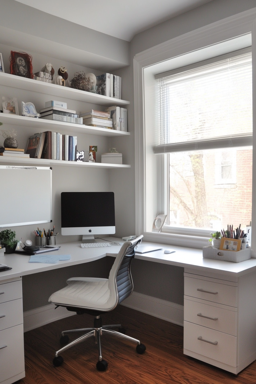 Home Office Design. Corner desk with hanging shelves and a whiteboard.