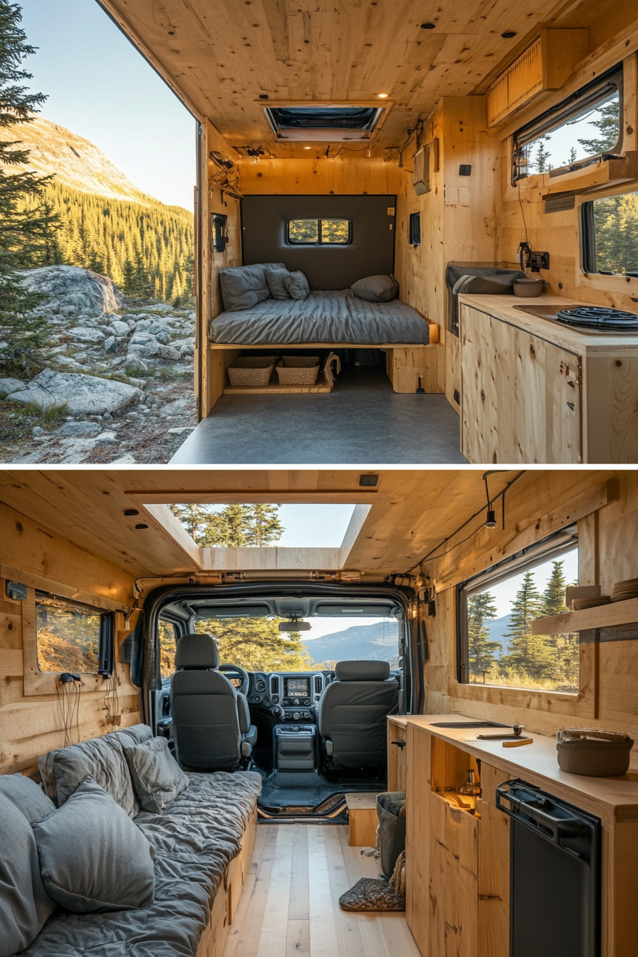 Splitted image. Minimalist tiny house camper's interior and jeep-tugged outdoor setup.